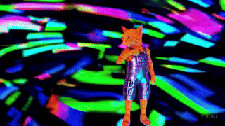 .gif of cat in overalls in glitch space.