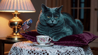 Fat Cat and Mr. B have tea on a fancy table.