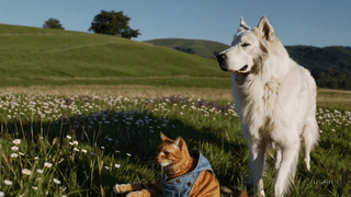 An orange cat in overalls and a great Pyrenees.