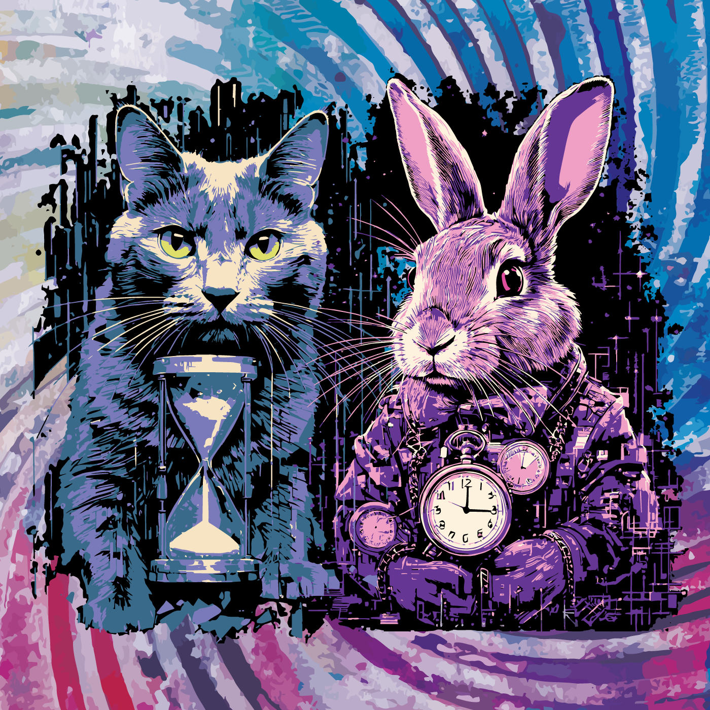 Bad Bella with an hourglass, and Glitch Bunny with clocks.