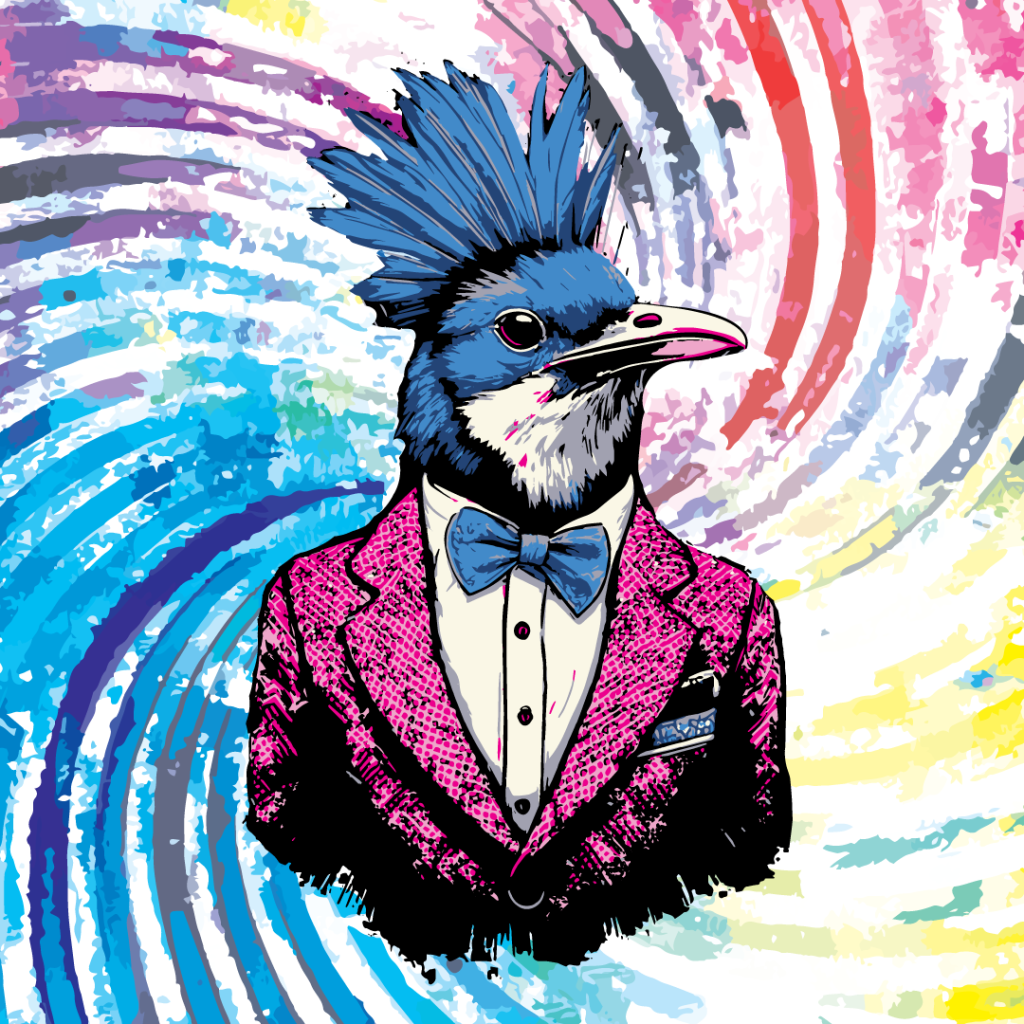 Mr. B on a rainbow background.