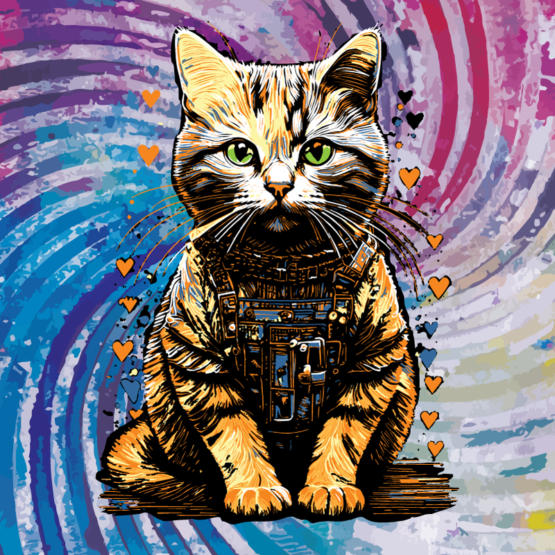 Georgie Lugh the orange Tom cat is surrounded by hearts.