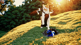 Georgie Lugh in overalls saves Bad Bella from legs.