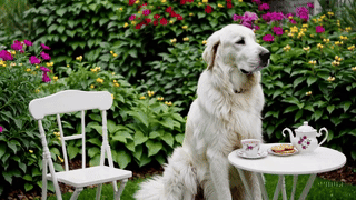 A Great Pyrenees having tea.