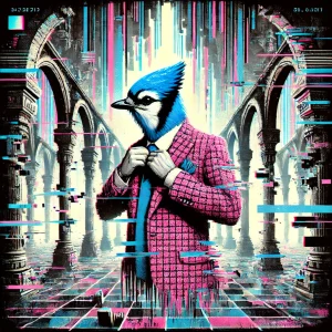 Mr. B.E. Gladwrap surrounded by glitching columns.