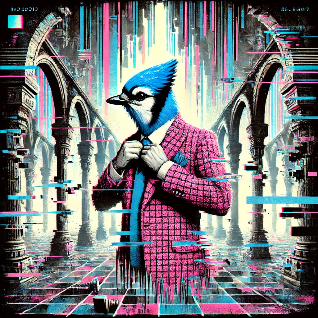 Mr. B.E. Gladwrap surrounded by glitching columns.