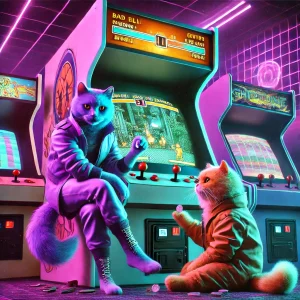 Bad Bella and Georgie Lugh in a retro arcade.