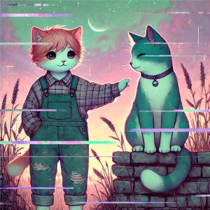 Bella and Georgie in a dreamscape, glitched field.