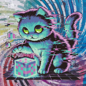 Kitten Bad Bella plays with a static cube.