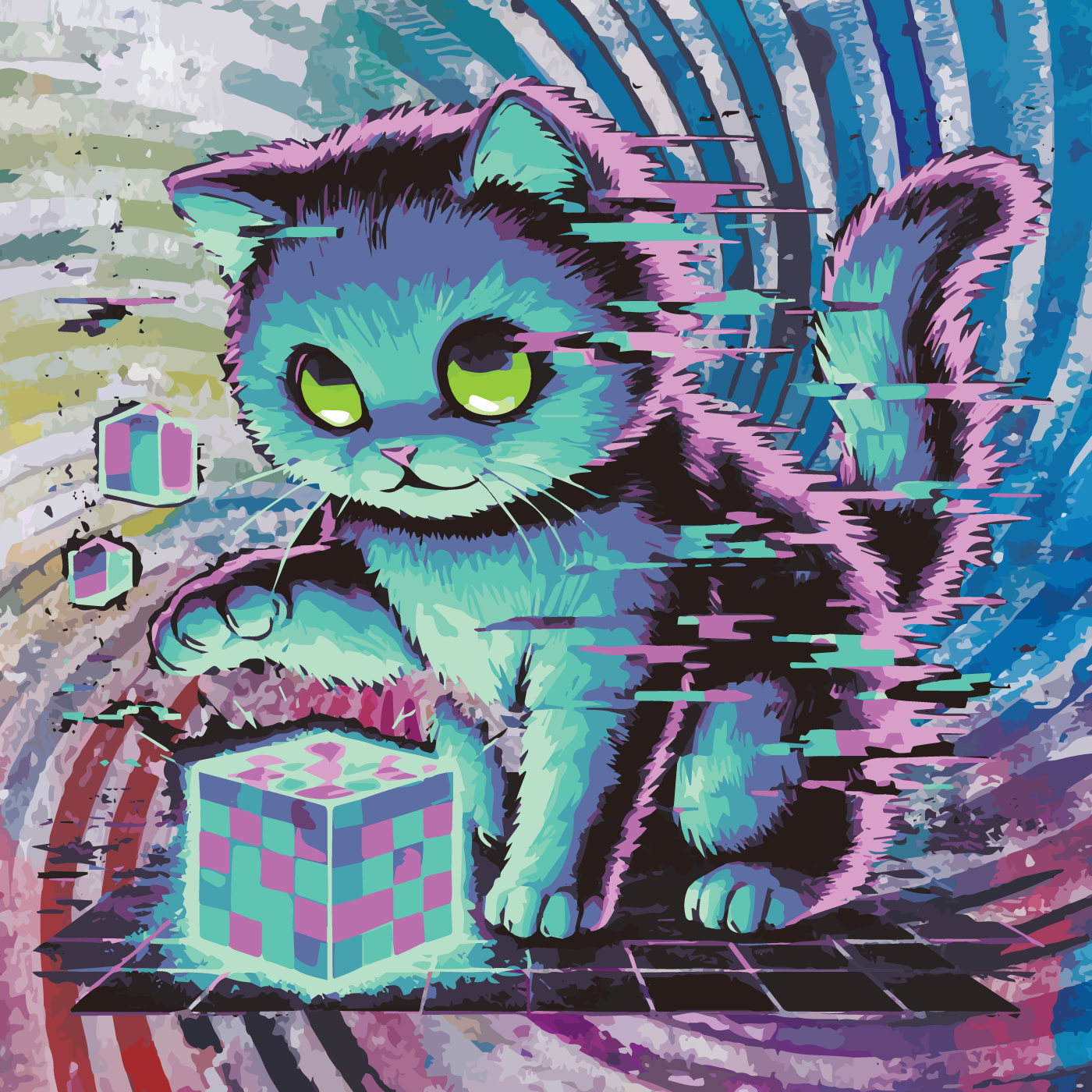 Kitten Bad Bella plays with a static cube.