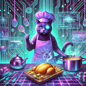 Lazy cat chicken bake on deck in this glitchcore image of Bad Bella making a casserole.