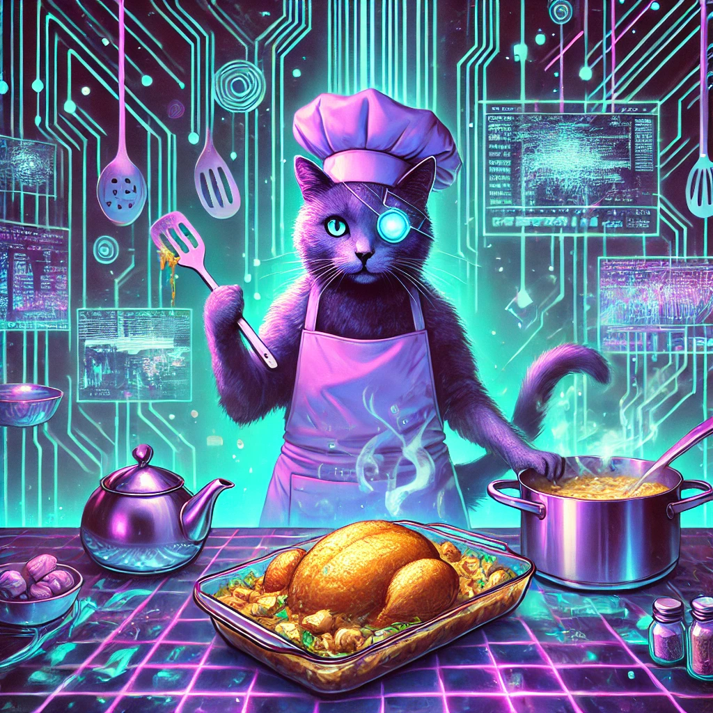 Lazy cat chicken bake on deck in this glitchcore image of Bad Bella making a casserole.