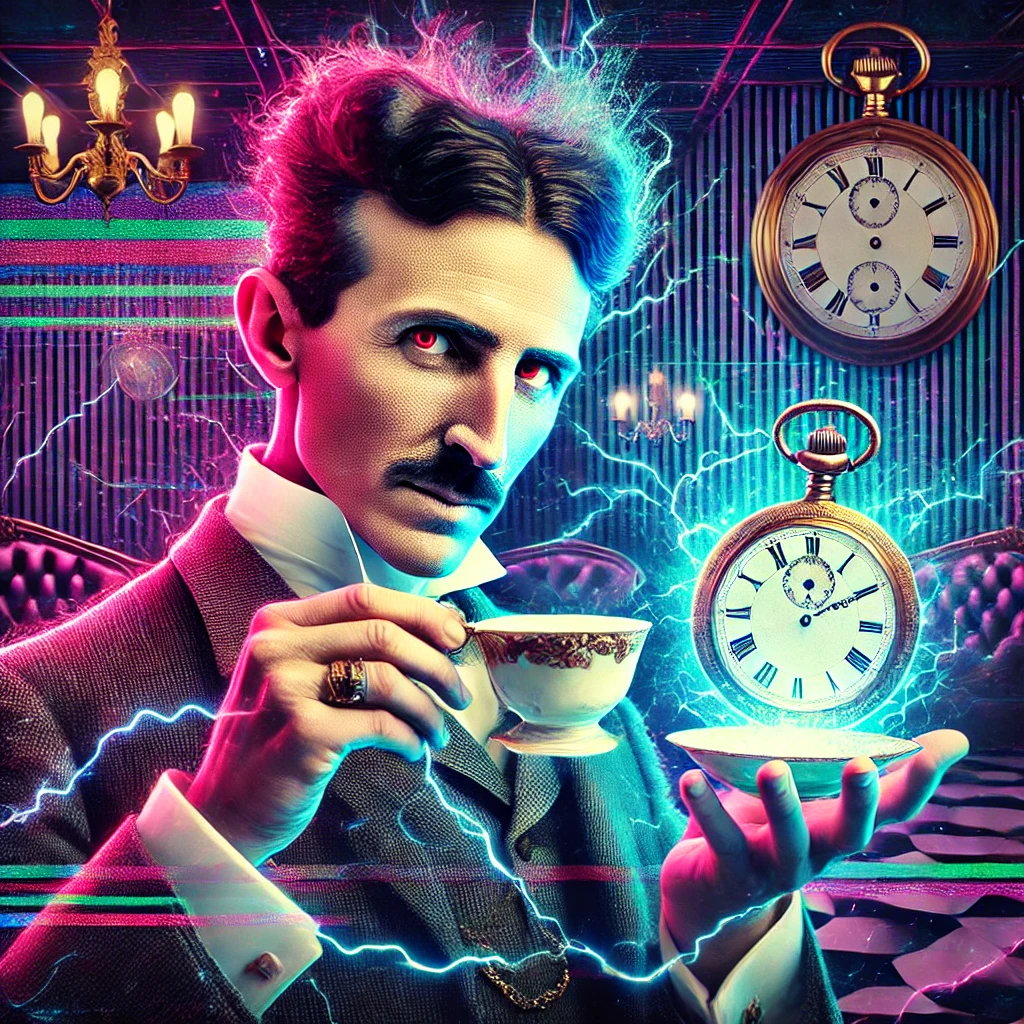 A surreal portrait of Nikola Tesla drinking tea.