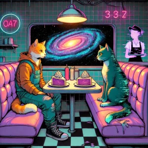 Georgie and Bella share pie at a glitchy diner.