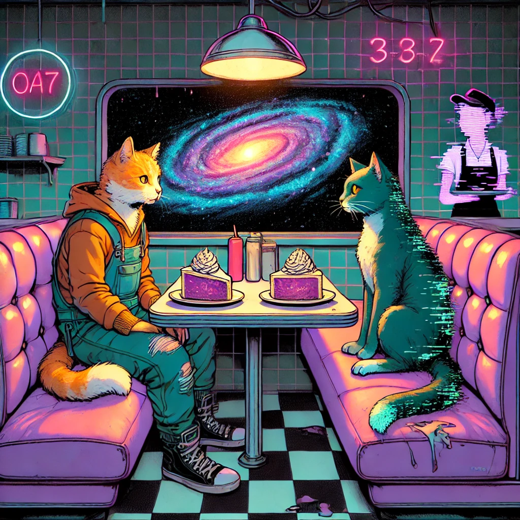 Georgie and Bella share pie at a glitchy diner.